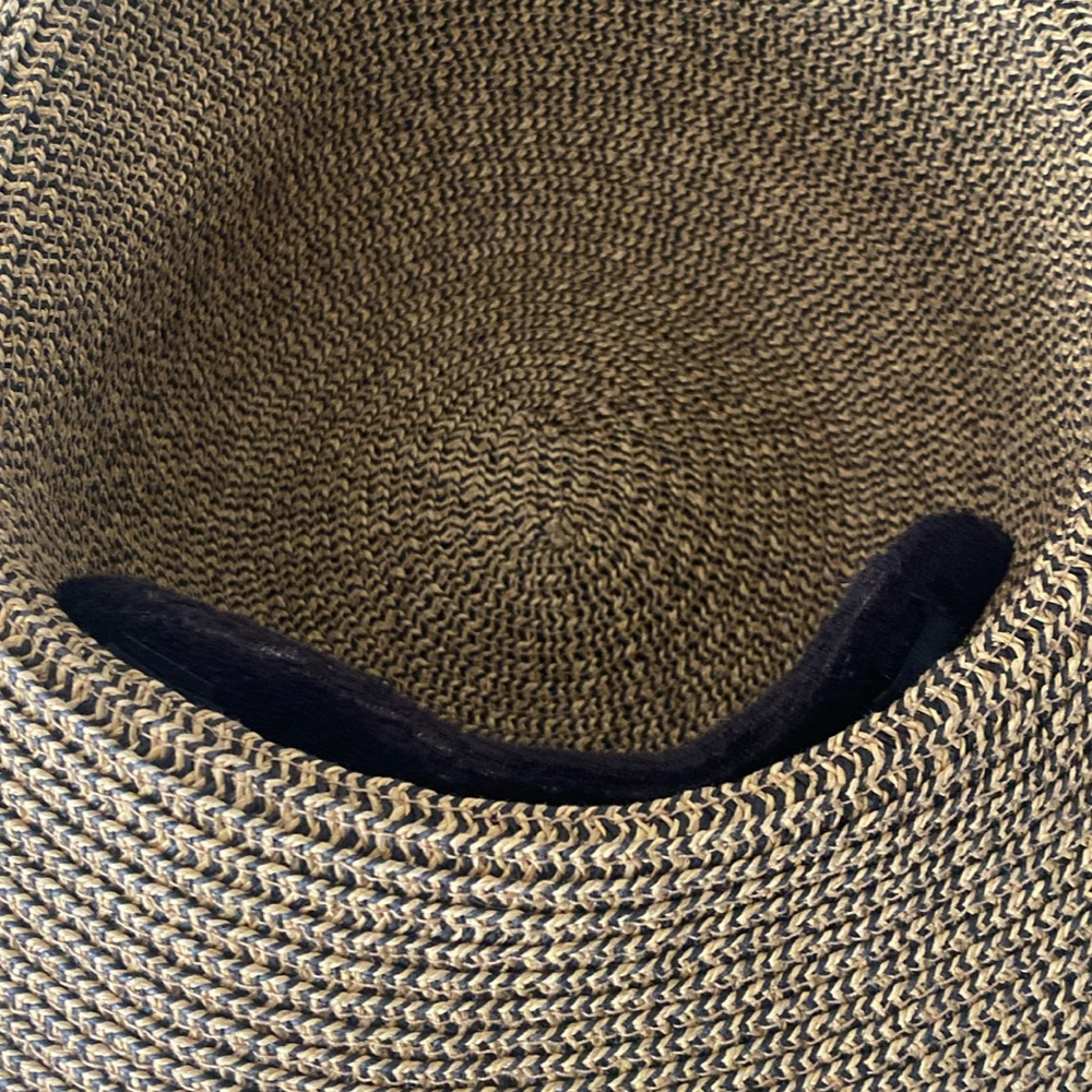 Jeweled Pin Tan and Black Wide-Brim Hat - L brown tan straw , - Picture 2 of 5